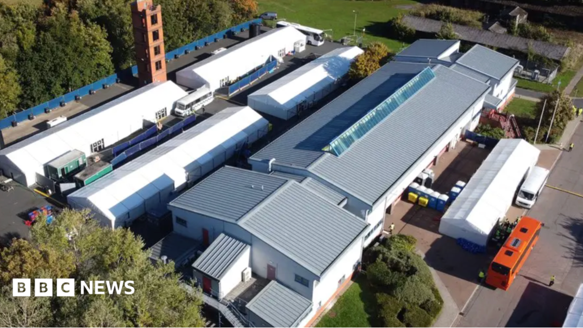 Border processing facility gates and administrative tents in Kent